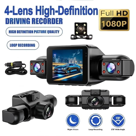 Dash Cam, 1080P Dash Cam Front and Rear Inside, 4 Channel Car Camera with Wi-Fi and App Control, WDR, Night Vision