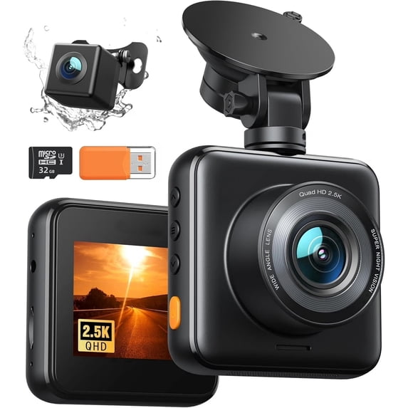 CocoBear 2.5K Dash Cam Front and Rear Dual Camera with 32GB Card, 1440P+1080P Recording, 170° Wide Angle, G-Sensor, Night Vision WDR, Loop Recording, Parking Mode