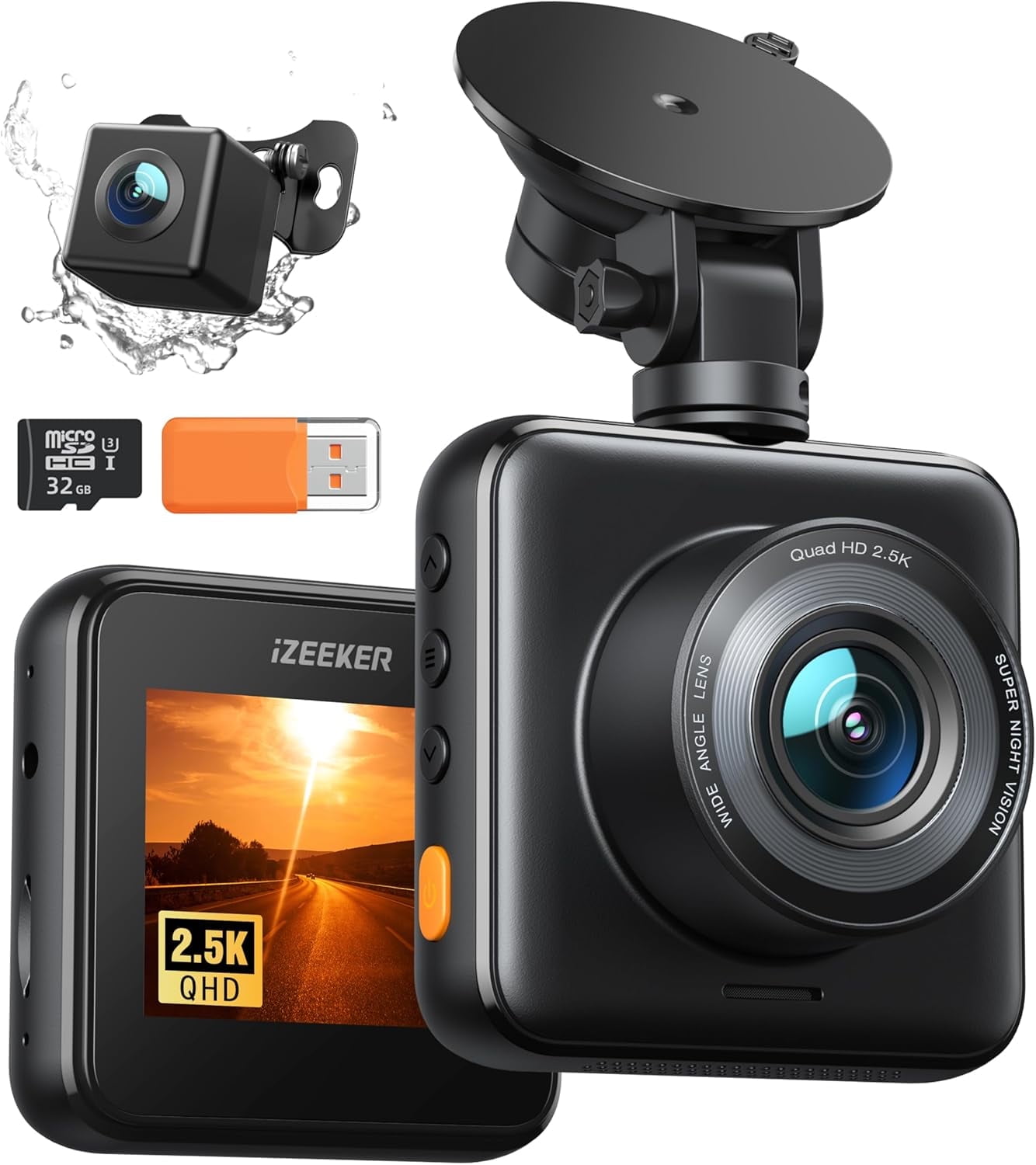 iZEEKER Dashboard Video Dash Cam, Dual 1080P FHD Car Camera with SD Card, Night Vision, WDR
