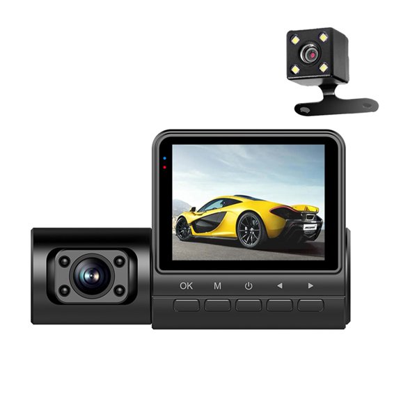 Dash Cam 1080P High Definition 2inch Display Screen 3 Channel Driving Recorder with Loop Recording Motion Detection Infrared Night Vision Black