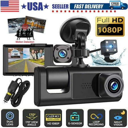 Dash Cam, 3 Channel Dash Cam, 1080P Dash Cam Front and Inside, HDR, G-Sensor, 24Hr Parking, Front Rear Dash Cam Loop Recording