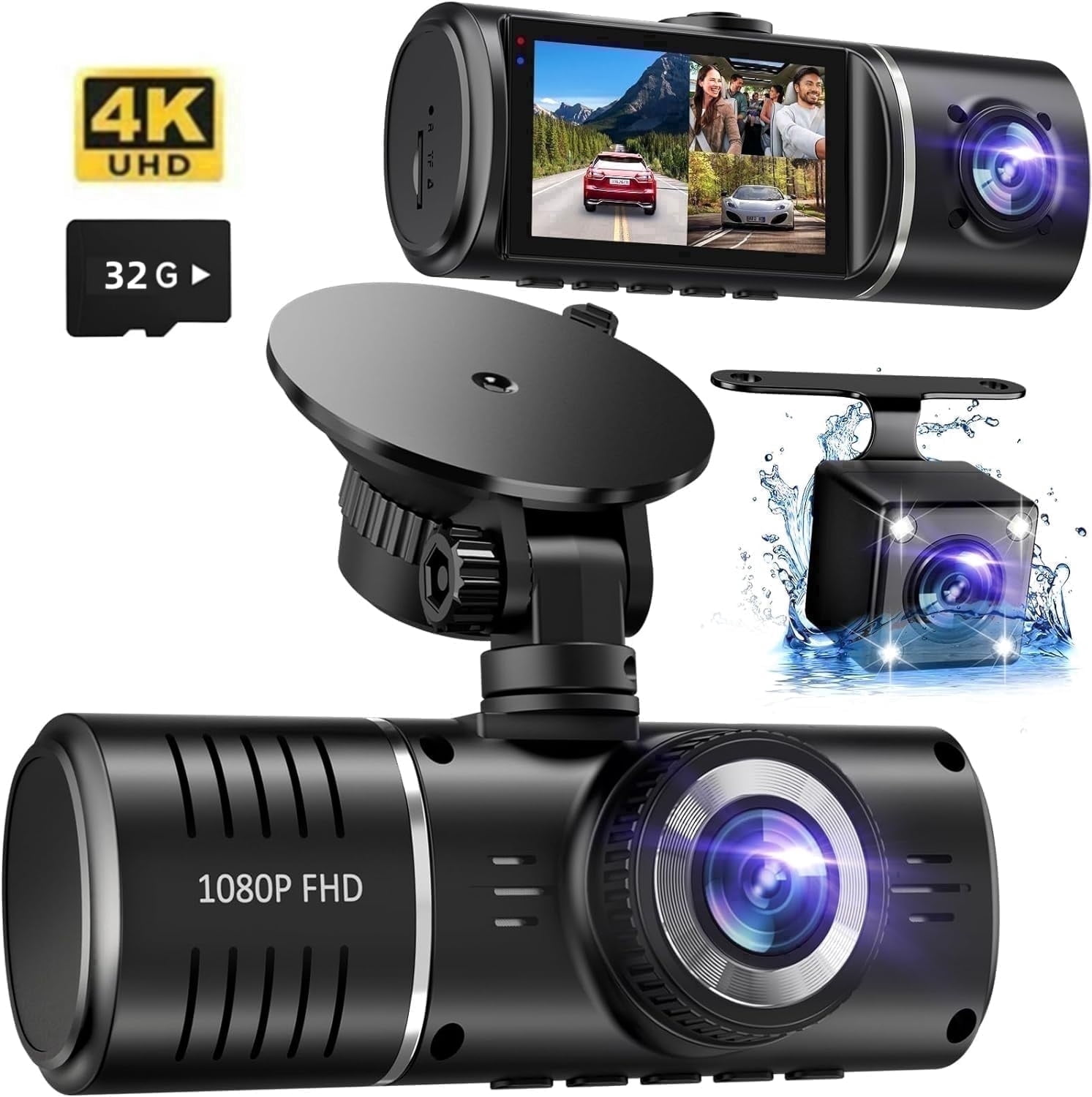 ALDF Dash Cam Front and Rear, 1080P Dash Camera for Cars, 3 Channel Car Camera Front Rear and Inside with 32GB Card, Loop Recording, Night Vision, HDR, 24Hr Parking, G-Sensor