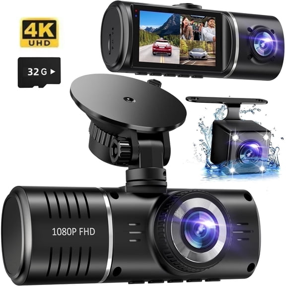 ALDF Dash Cam Front and Rear, 1080P Dash Camera for Cars, 3 Channel Car Camera Front Rear and Inside with 32GB Card, Loop Recording, Night Vision, HDR, 24Hr Parking, G-Sensor