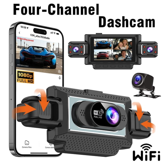Dash Cam 360 Surround View 4-Channel Recording Front 1080P 3 Inch IPS Screen Infrared Night Vision WiFi GPS G-Sensor