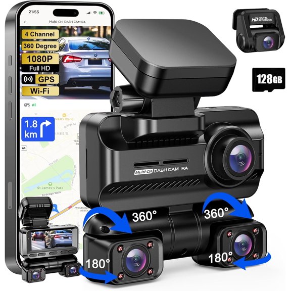 Dash Cam 4 Channel 360 Front Rear Inside DashCam, 4K Full HD Dashcam Car Camera, Free 128GB Card, Built-in Wi-Fi GPS Dashcams, 3.18 IPS Screen, WDR Night Vision, 24H Parking Mode (XJDC001)