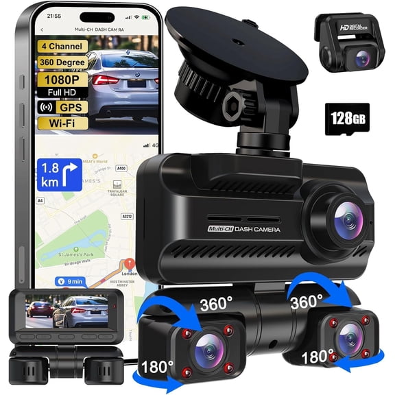 Dash Cam 4 Channels 360? Front Rear Inside DashCam, 4K Camera with 128G Card, Built-in GPS, 3.18" IPS Screen, WDR Night Vision, 24H Parking Mode (Z700)