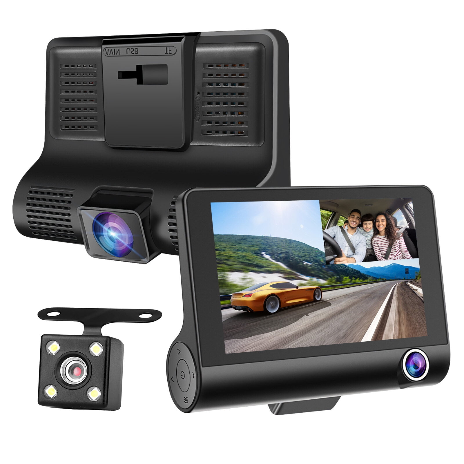 Dash Cam 4 Inch 3 Cameras Wide Angle Night Vision Loop Recording Car