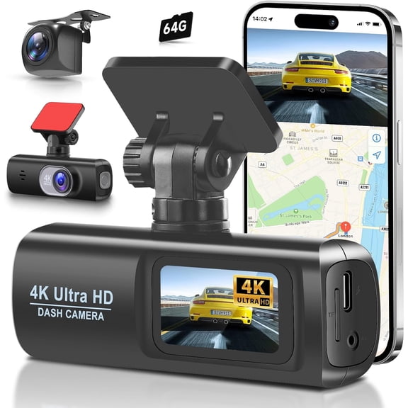 Dash Cam 4K Front and Rear Full HD Dash Camera for Cars, Included 64GB Card, Built-in WiFi, 1.47" IPS ScreenLoop Recording, G-Sensor, Night Vision, Parking Mode