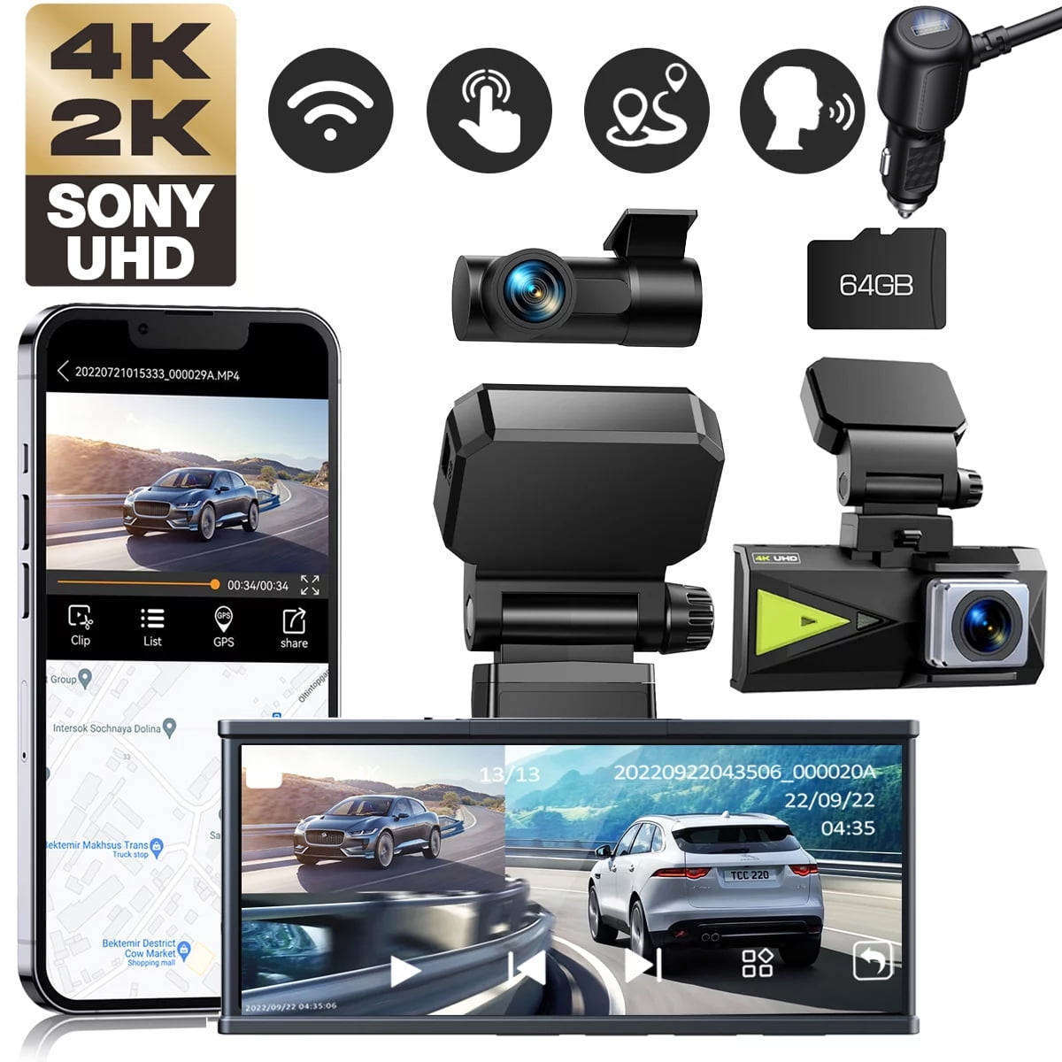 TOGUARD 4K Dual Dash Cam Car Camera, UHD 4K+1080P Driving recorder , 3 Inch  Screen