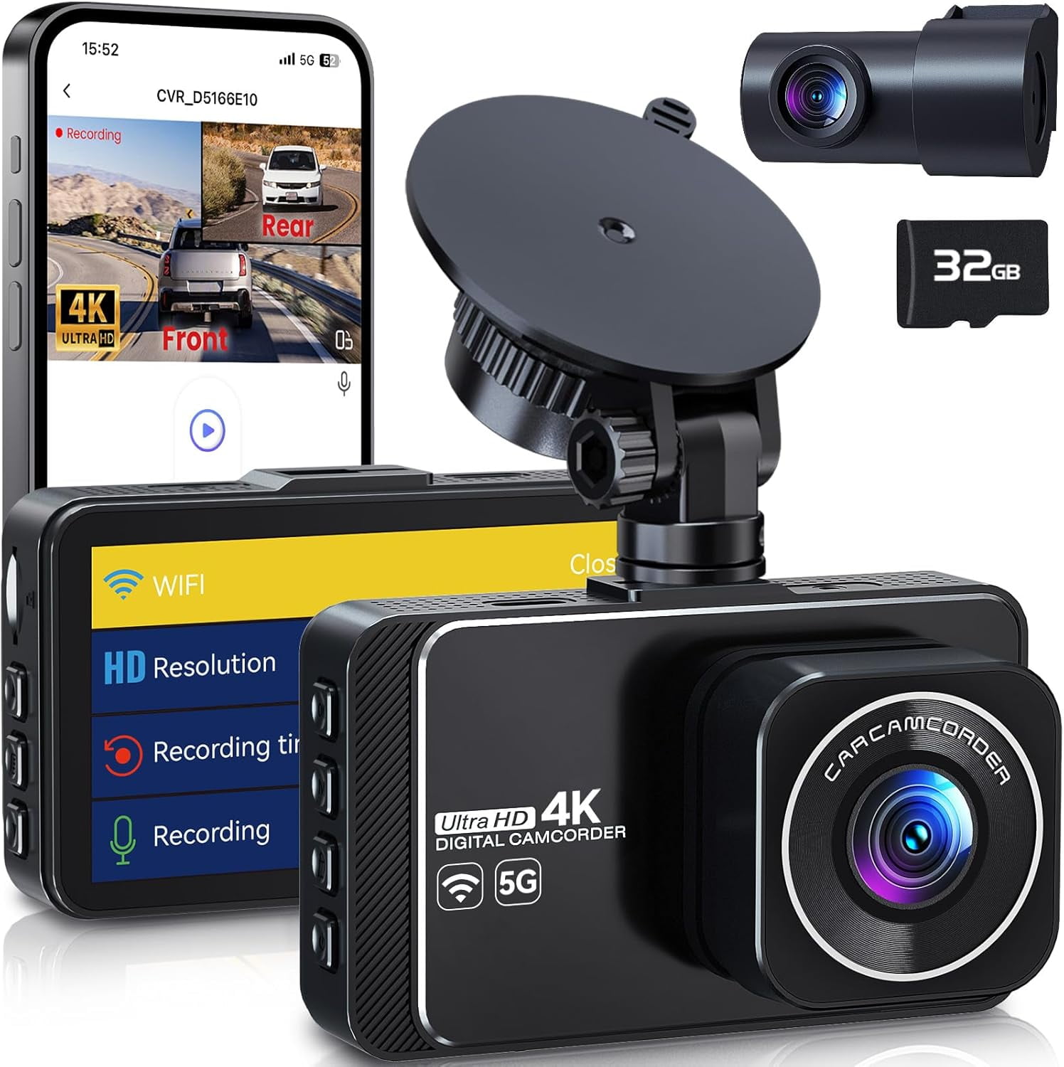 Dash Cam, 4K Ultra HD Front Camera+2K Rear Cameras, 5G WiFi - Fastest ...