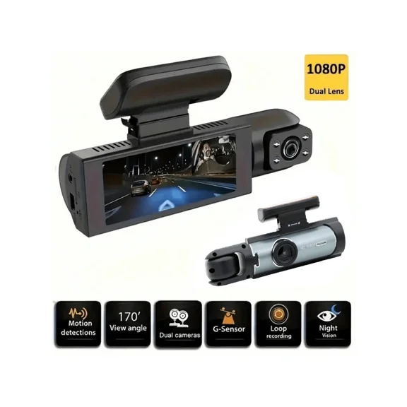 Dash Cam Dual Lens Front and Inside 1080P Car Camera Recorder with Night Vision, 3.16" IPS Screen Embedded DVR, 24-Hour Parking Mode 32GB Card, 1 Pack