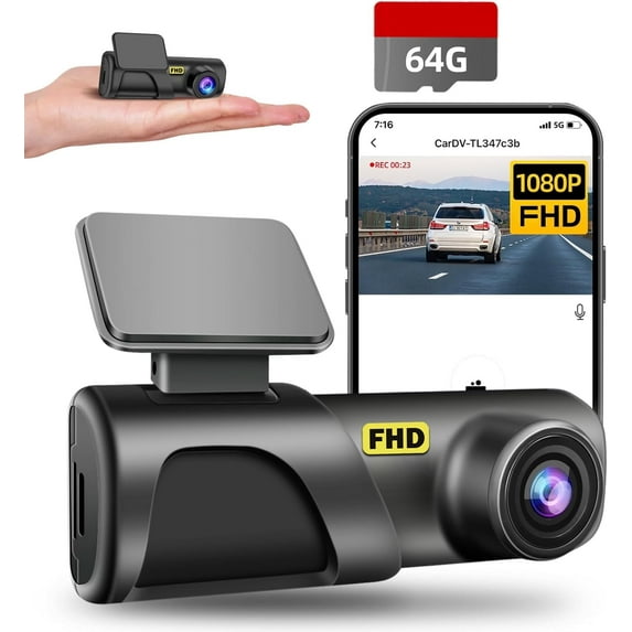 Dash Cam Front, 1080P Full HD Dash Camera for Cars with Free 64GB SD Card, 130°Wide Angle, Night Vision, 24H Parking Monitor, Loop Recording, WiFi & APP Control, WiFi Dash Cam for Cars