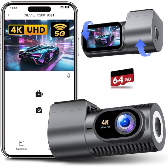 Dash Cam Front 4K - 1.5" IPS Display & 5G WiFi & 64G Card, 360? Rotation Mini Dashcam, Camera with WDR Night Vision, 24H Parking Mode, G-Sensor, Loop Recording,170? Angle, Dash Camera for