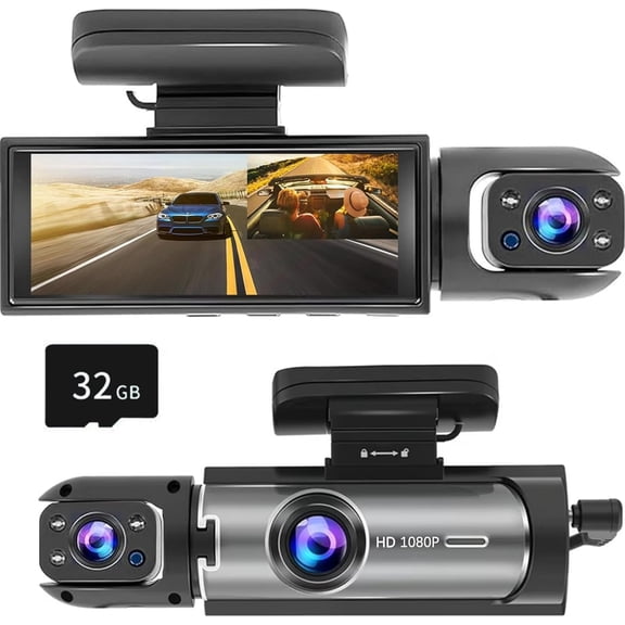 Dash Cam Front and Inside, 1296P Dual DashCams for , 3.16 Inch IPS Screen Driving Recorder with IR Night Vision, Loop Recording, Wide Angle Lens, 24H Parking Traffic Recorder with 32GB TF Card