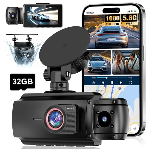 Dash Cam Front and Rear, 1080P Dash Camera for Cars, 3 Channel Car Camera Front Rear and Inside with 32GB Card, Loop Recording, Night Vision, HDR, Super Capacitor