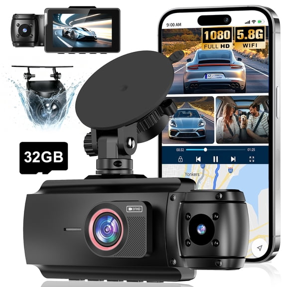 Dash Cam Front and Rear, 1080P Dash Camera for Cars, 3 Channel Car Camera Front Rear and Inside with 32GB Card, Loop Recording, Night Vision, HDR, Super Capacitor