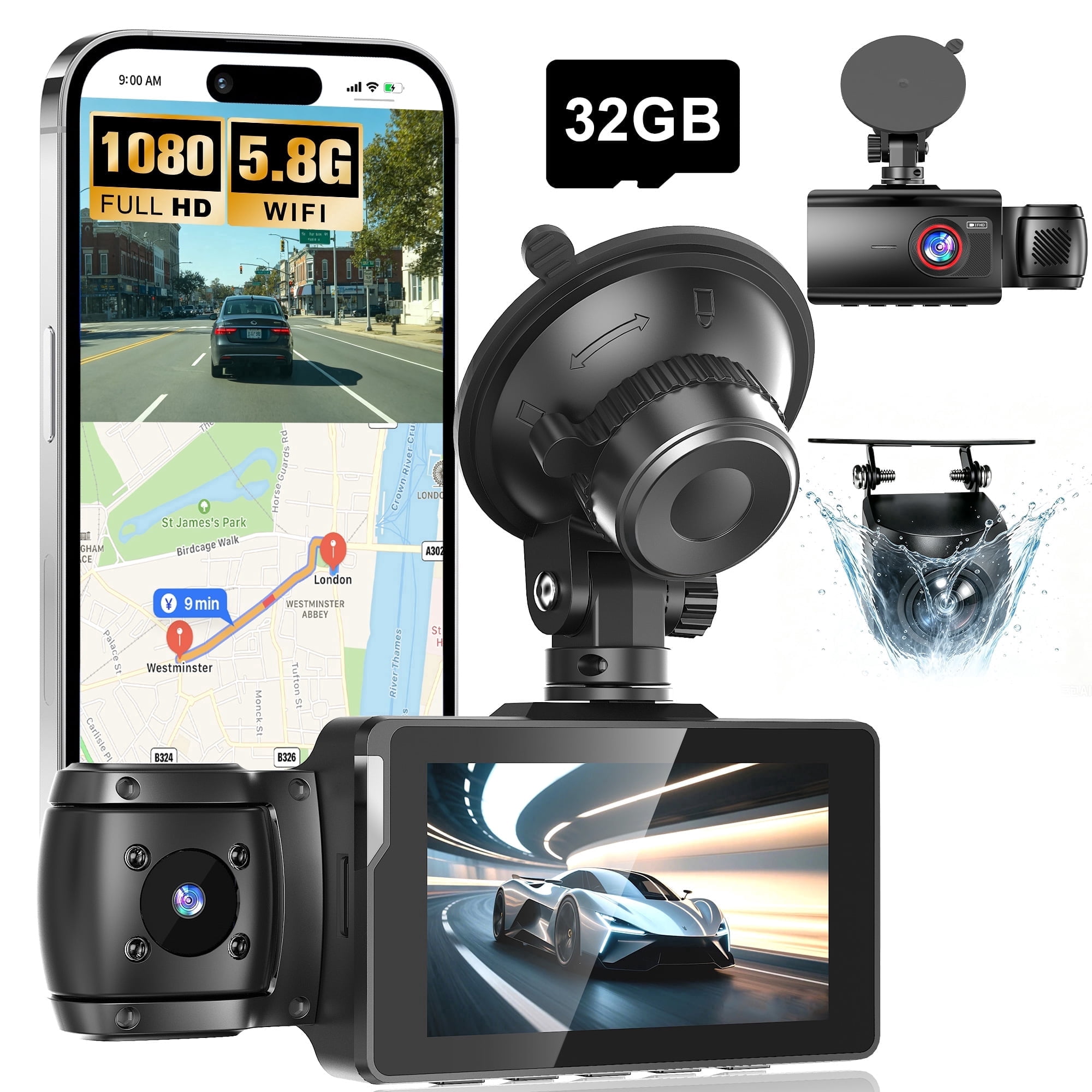 3 Channel Dash Cam Front and Rear Inside with WiFi, 1080P Dash Camera for Cars, Night Vision, Loop Recording, 32GB Card Included, Type-C, Super Capacitor