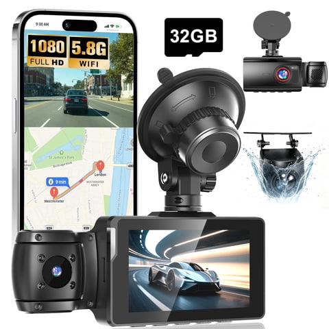 3 Channel Dash Cam Front and Rear Inside with WiFi, 1080P Dash Camera for Cars, Night Vision, Loop Recording, 32GB Card Included, Type-C, Super Capacitor