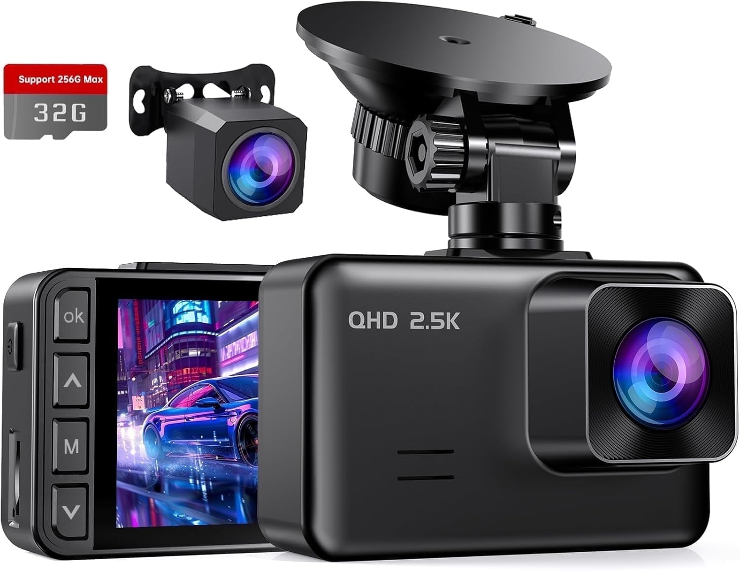 Dash Cam Front and Rear, 2.5K+1080P Dual Dash Camera for Cars, 2 Display Mini Car Camera, G-Sensor Small Dashcam, Night Vision, 24H Parking Mode, Loop Recording, 170Wide Angle, 32GB Card Included