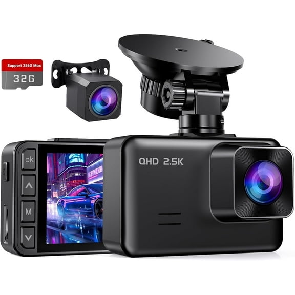 Dash Cam Front and Rear, 2.5K+1080P Dual Dash Camera for Cars, 2’’ Display Mini Car Camera, G-Sensor Small Dashcam, Night Vision, 24H Parking Mode, Loop Recording, 170°Wide Angle, 32GB Card Included