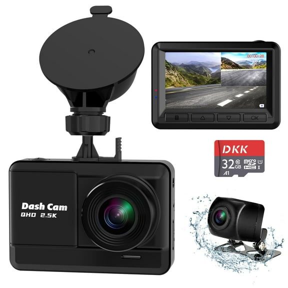 Dash Cam Front and Rear, 2.5K+1080P Dual Dash Camera for Cars with 32GB SD Card, 2.45 inch IPS Screen, 2 Mounting Ways, Night Vision, WDR, Accident Lock, Loop Recording, Parking Monitor