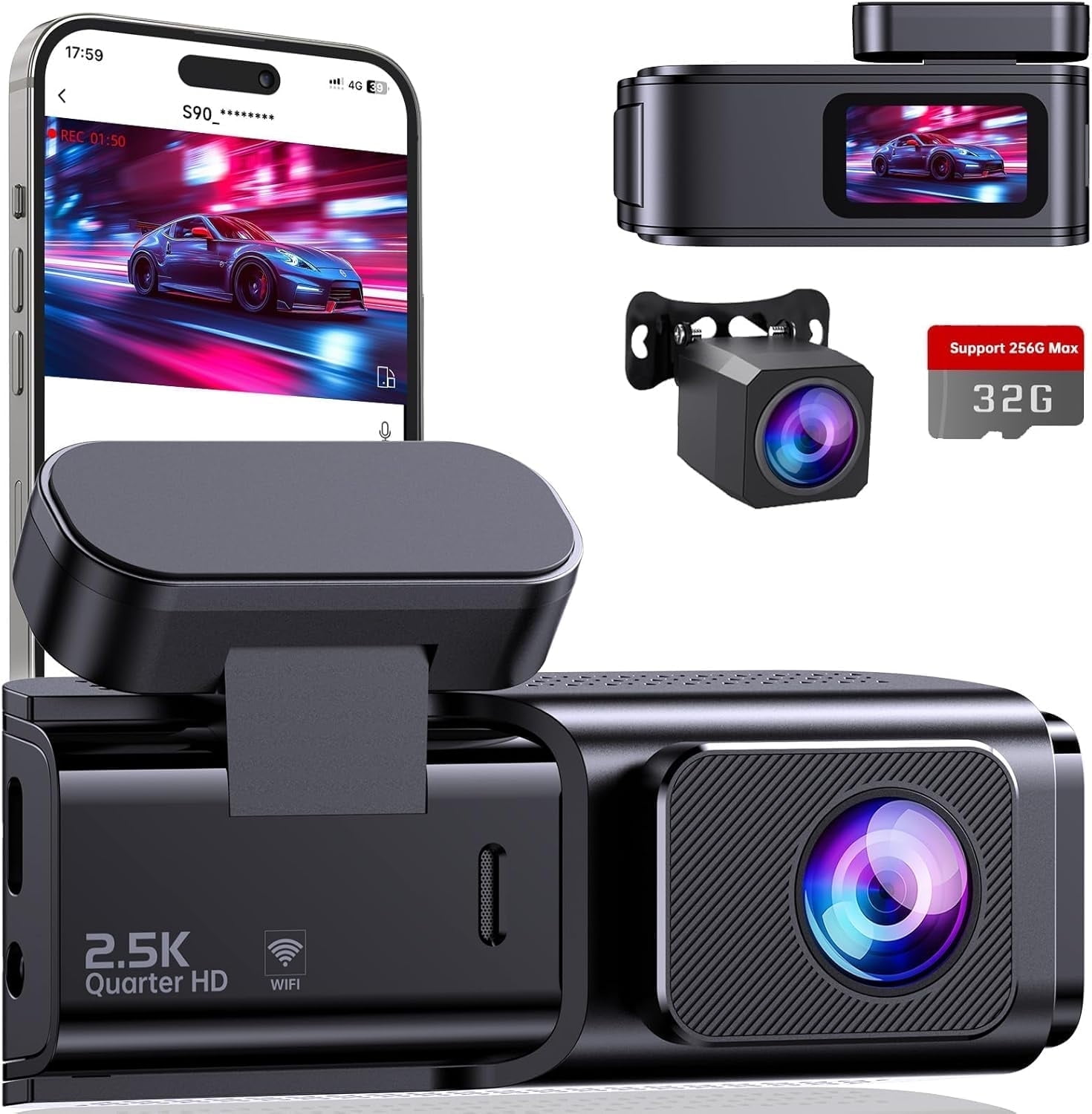 Dash Cam Front and Rear, 2.5K+1080P Dual Dash Camera for Cars, Car Camera with 1.47" IPS Screen, Built-in Wi-Fi, 170 Wide Angle, Night Vision, G-Sensor, 24H Parking Mode, 32GB Card Include