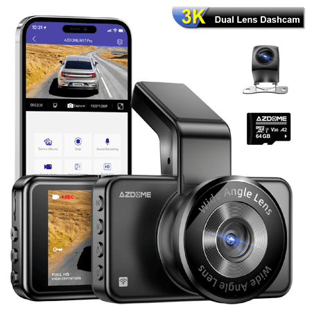 Dash Cam Front and Rear, 3K Dashcam with WIFi,2K+1080P WDR Dash Camera for Cars, Dual Lens Recording, ADAS Car DVR Camera with G-Sensor Parking Mode Super Night Vision Free 64GB SD Card Voice Control