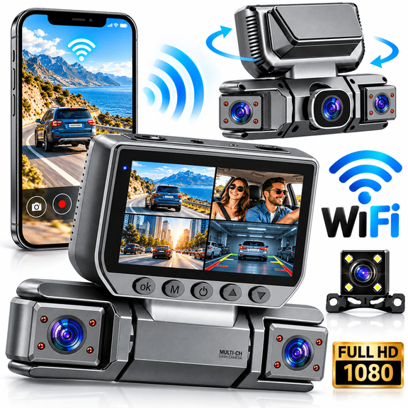 Dash Cam Front and Rear, 4 Channel 1080P Dash Camera for Cars, Front Rear Left Right Recording, WiFi App Control, Night Vision, 3" IPS Screen Car Camera Recorder