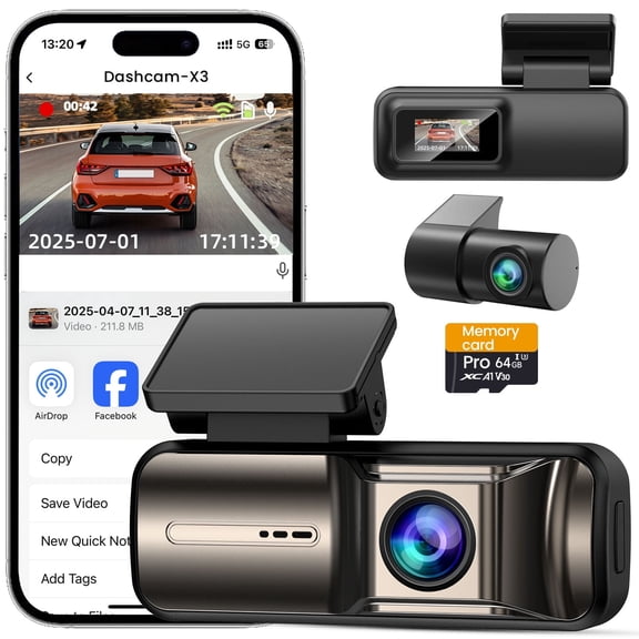 Dash Cam Front and Rear 4K+1080P, 5GHz WiFi, Dual Dashcam with 64GB Card, App Control, 0.96" IPS Screen, 24H Parking Mode, Night Vision, 170 Wide Angle, G-Sensor, WDR, Car Camera