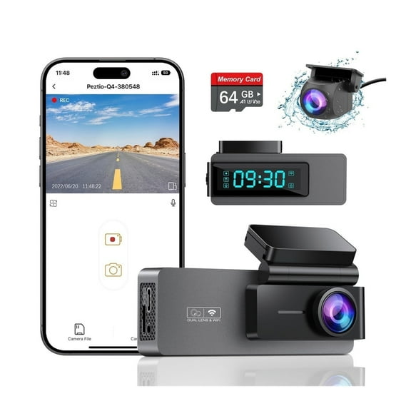 Dash Cam Front and Rear 4K+1080P, Free 64GB Card, Built-in WiFi, Dash Camera for Cars, Car Camera, Dual Dashcams for Cars with Night Vision, 24 Hours Parking Monitor, Loop Recording
