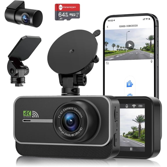 Dash Cam Front and Rear,4K+1080P WiFi Dual Dash Camera for Cars with App, 3" IPS Dashboard Camera Recorder,Night Vision,24H/7 Parking Mode, Loop Recording,170 Wide Angle,Free 64GB SD Card
