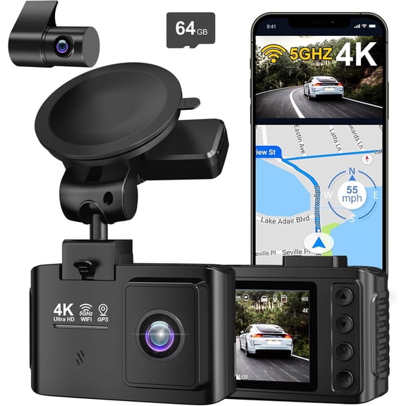 Dash Cam Front and Rear: 4K+2.5K Dual Dash Cam-5GHz WiFi, GPS Dash Camera for with 64GB Card, 2.0" IPS Screen, App Control,G-Sensor,Loop Recording,170?Wide Angle,Night Vision,Parking Mode