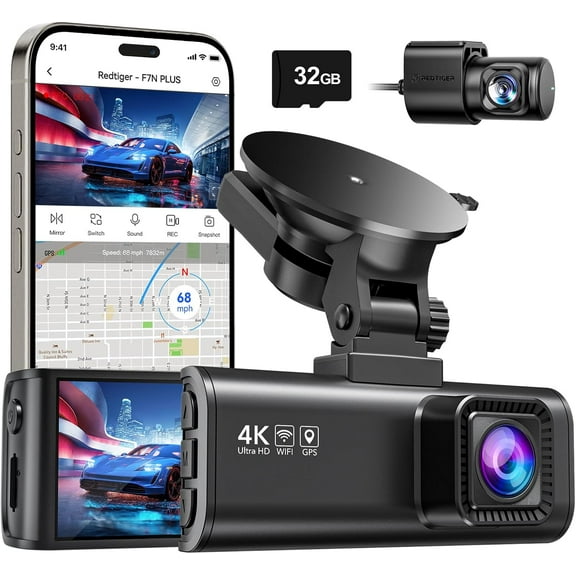 Dash Cam Front Rear, 4K/2.5K Full HD Dash Camera for Cars, Included 32GB Card, Built-in Wi-Fi GPS, 3.16 IPS Screen, Night Vision, 170Wide Angle, WDR, 24H Parking Mode(F7NP)