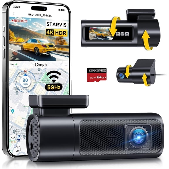 Dash Cam Front and Rear, 4K 60fps+2.5K Dashcam,STARVIS Sensor, HDR, 5G WiFi GPS, 24H Parking Mode, Night Vision, 170?Wide Angle, Dash Camera for with 1. Display, 64G SDcard (Black)