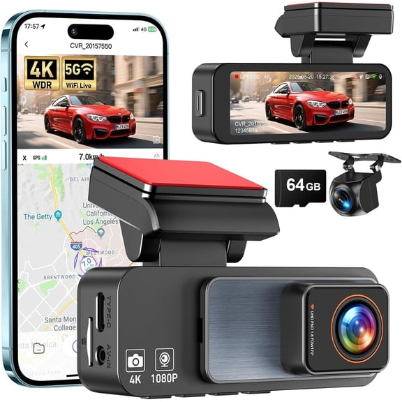 Dash Cam Front and Rear, 4K Dash Camera for  Built-in 5G WiFi & GPS, 3.2" IPS Screen Dash Cam W/ 64GB Card, Dual Dashcam W/G-Sensor, Loop Recording, WDR, Night Vision,24H Parking