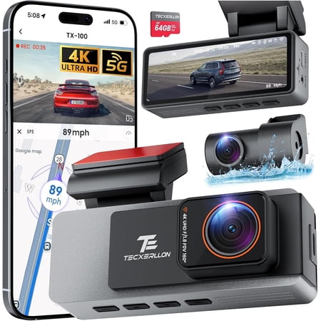 Dash Cam Front and Rear, 4K Full HD Dual Dash Camera with Starlight Night Vision, Bulit-in GPS & 5G WiFi, Free 64GB Card Included, with G-Sensor, WDR, 24H Parking Mode, Support 512GB Max