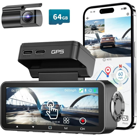 Dash Cam Front Rear, IMX415 Sensor 4K 30fps/ 60fps+1080p,  Screen Dash Camera for , Voice Control, Built-in GPS WiFi, HDR Night Vision, 64GB Card, 160? Wide Angle, 24H Parking