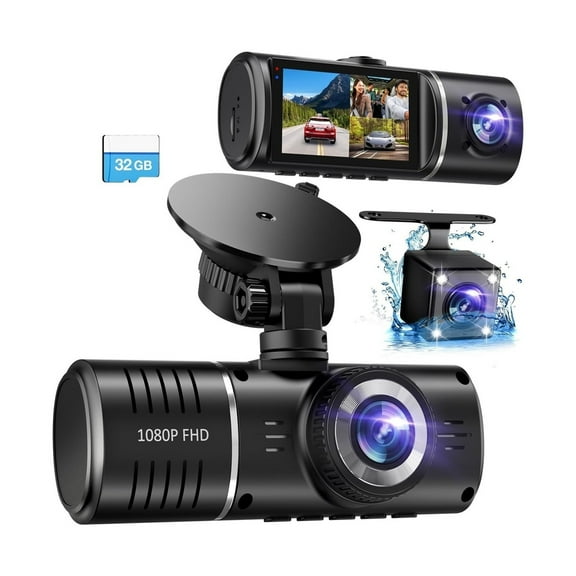 Dash Cam Front and Rear Inside, 3 Channel Dash Camera for Cars, 1080P Car Dash Cam, Triple Dash Cam, Dash Camera with 32GB Card, Loop Recording, HDR, G-Sensor, 24Hr Parking