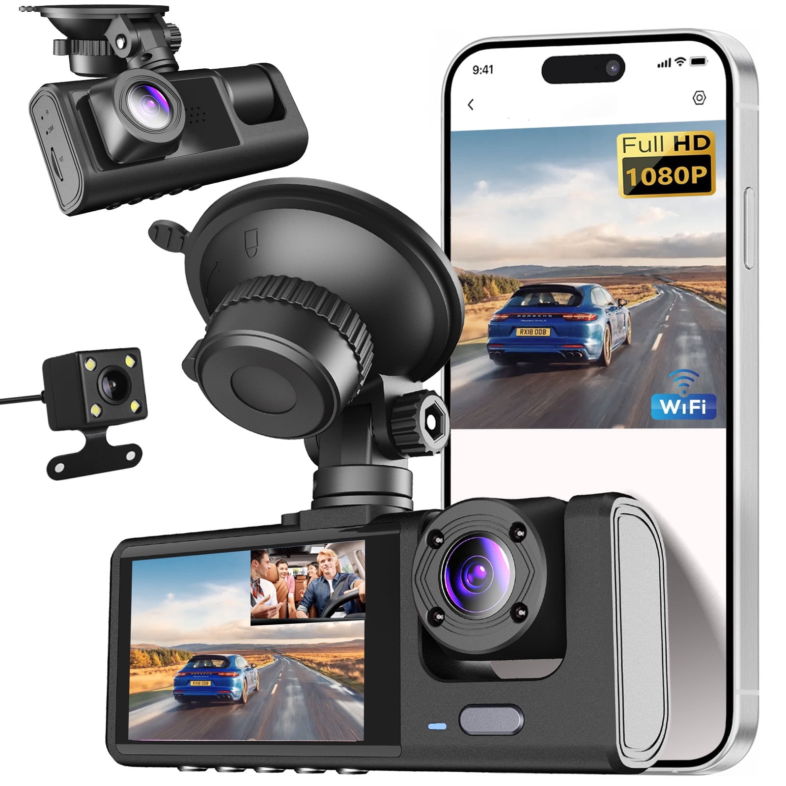 Dash Cam Front and Rear, 3 Channel Dash Cam, 1080P Dash Camera for Cars, Built-in Wi-Fi, Night Vision, Loop Recording