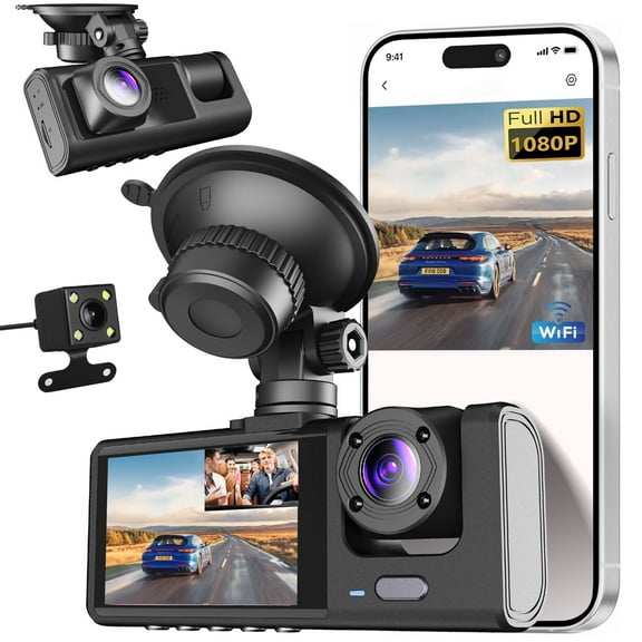 Dash Cam Front and Rear, 3 Channel Dash Cam, 1080P Dash Camera for Cars, Built-in Wi-Fi, Night Vision, Loop Recording