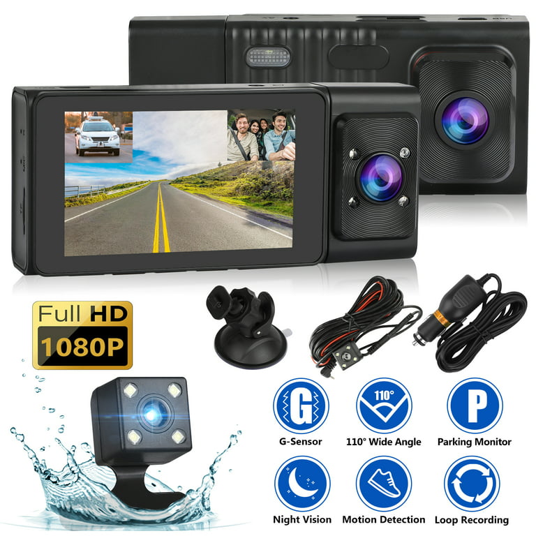 3 Camera Lens Car DVR 3-Channel Dash Cam HD 1080p Front and Rear Inside Dashcam Video Recorder Night Vision, Size: 2, Black