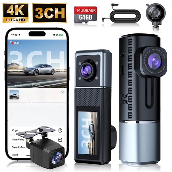 Dash Cam, Froura 4K Dash Cam Front and Rear Inside, 3 Channel Car Camera with Wi-Fi and App Control, Voice-controlled language, WDR, 64GB Card, Support 256GB Max, Black