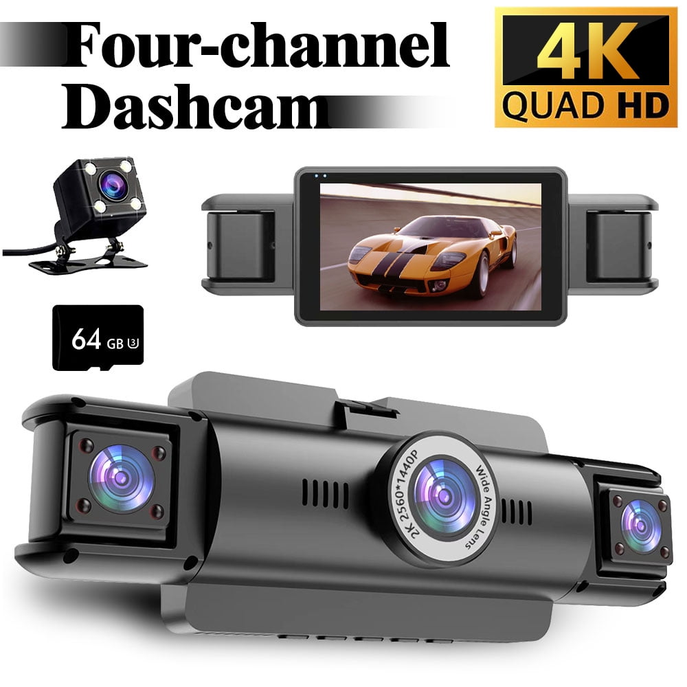 Cámara Dash, Froura 4K Dash Cam Frontal y Trasera Interna, Cámara para Auto de 4 Canales con Wi‑Fi y Control por App, WDR, Visión Nocturna, Tarjeta de 64GB, Compatible con 128GB Máx., Negro