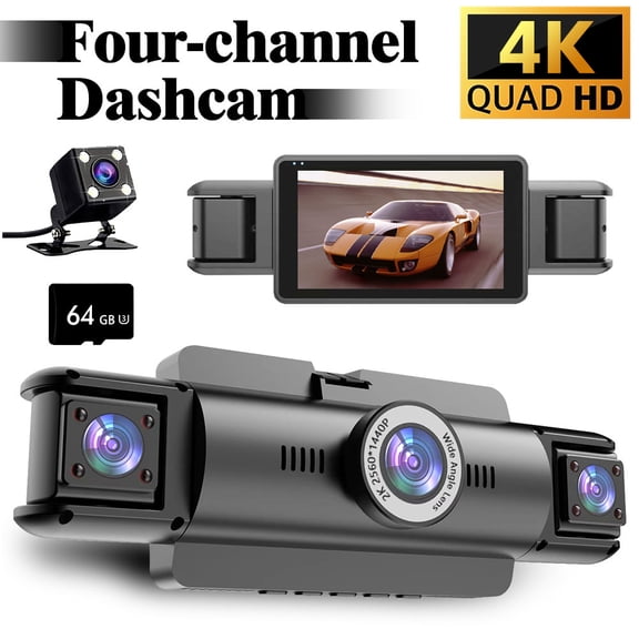 Dash Cam, Froura 4K Dash Cam Front and Rear Inside, 4 Channel Car Camera with Wi-Fi and App Control, WDR, Night Vision, 64GB Card, Support 128GB Max, Black