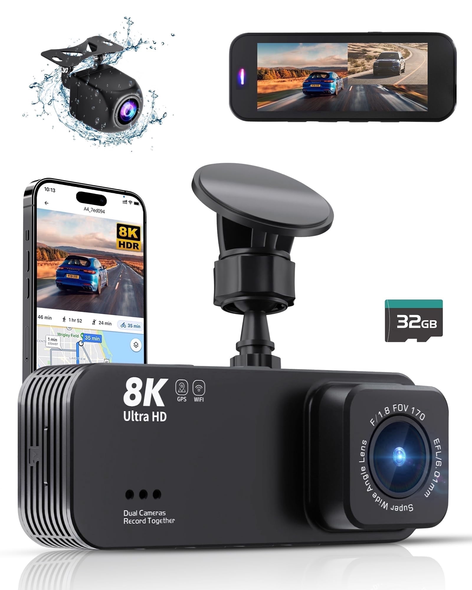 Dash Cam,Gazsocy 8K HD Car Dash Camera with Front and Rear Recording, Built-in Wi-Fi &amp; GPS, Enhanced Night Vision,32 GB