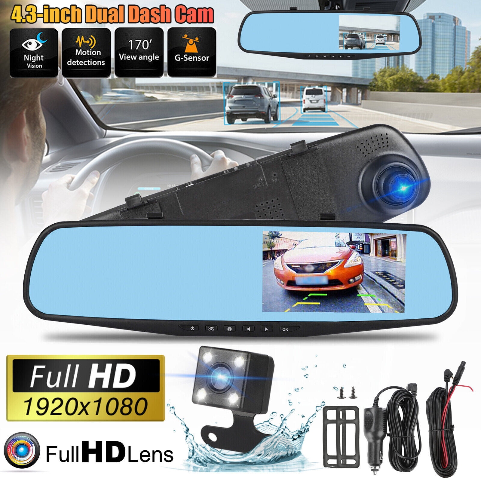 Dual Dash Cam,FHD 1080P Rearview Mirror Backup Camera 4'' IPS