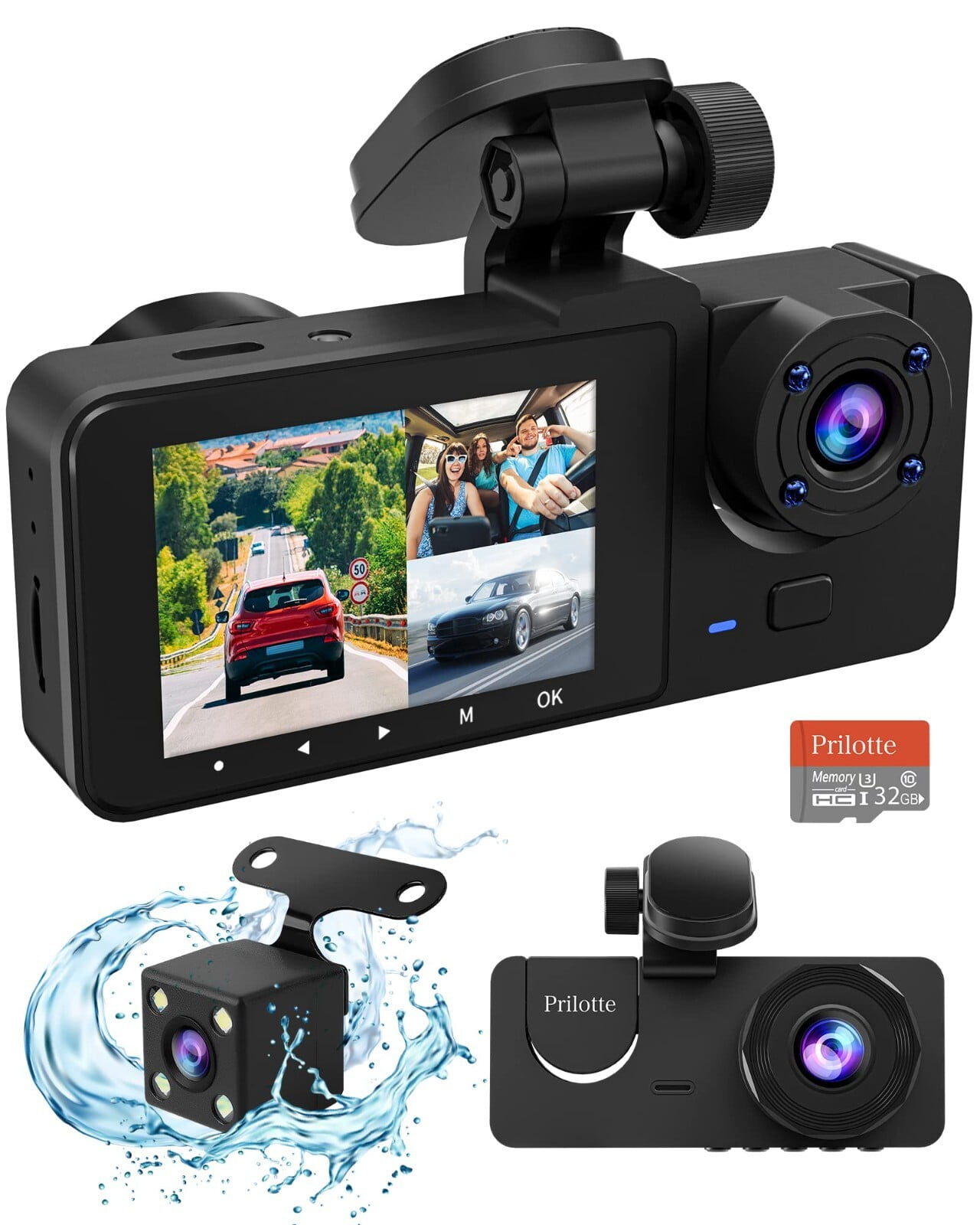 WuKeTin Dash Cam for Car, 1080P 3 Channel Front & Rear Inside Dash Camera, Super Night Vision, Parking Monitor, Loop Recording, with 32GB SD Card