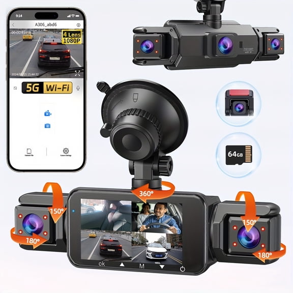 Dash Camera 64GB Memory Card Dash Cams For Cars Wireless Loop Recording 4 Channel WIFI G-sensor Car Backup Camera Rear View Camera 3.0 Inch ScreenHigh Definition Wide-angle Camera