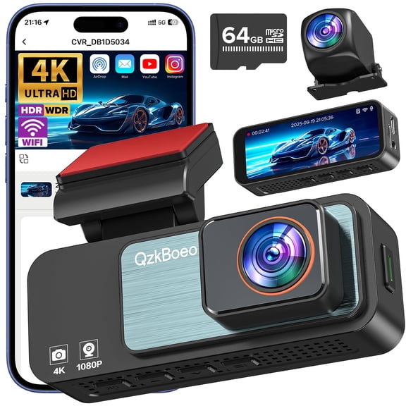 Dash Camera for Cars Front and Rear, 4K+1080P Dual Dash Cam with 3.2" Full Screen, 64GB Card Included, HDR Night Vision, G-Sensor, Emergency Lock, Parking Monitor, Dual Channel