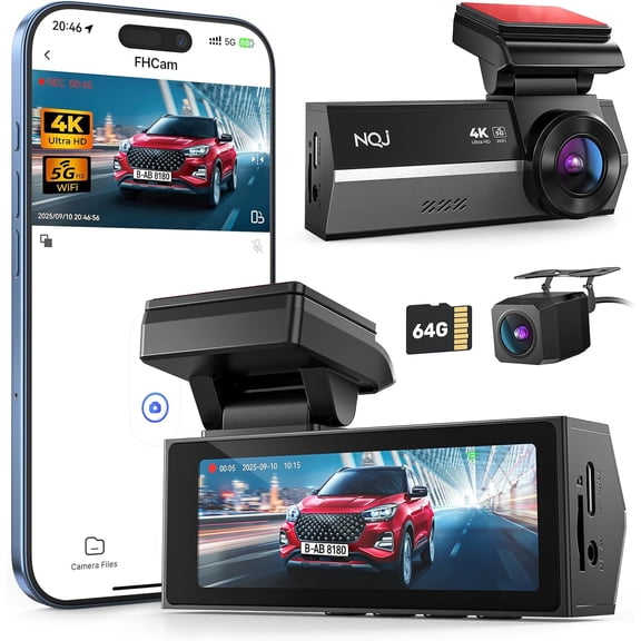 Dash Cams Front and Rear, 4K+2K Dual Dash Camera for Cars w 64GB Card, 5GHz Wi-Fi & App, G-Sensor, 3.2 Screen, 24H Parking Mode, 170Wide Angle, Night Vision
